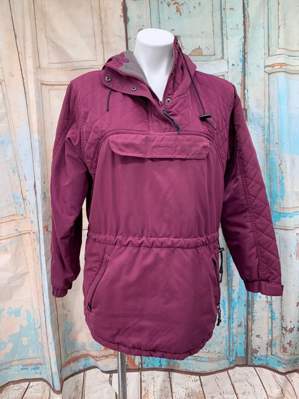 L.L. Bean 90's Insulated Pullover Anorak Hoodie Purple Plum Quilted Pattern Adju